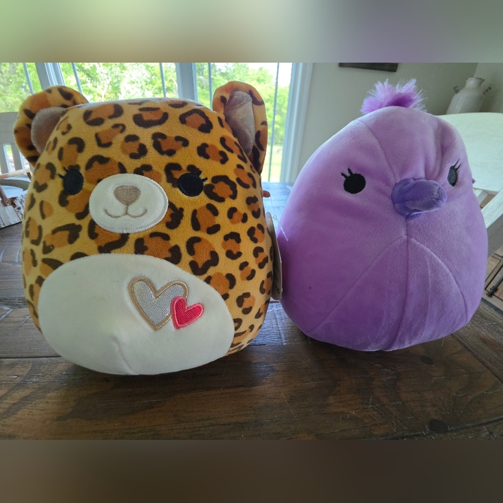 Squishmallows Leopard (Brown) & Purple Bird Plush Set